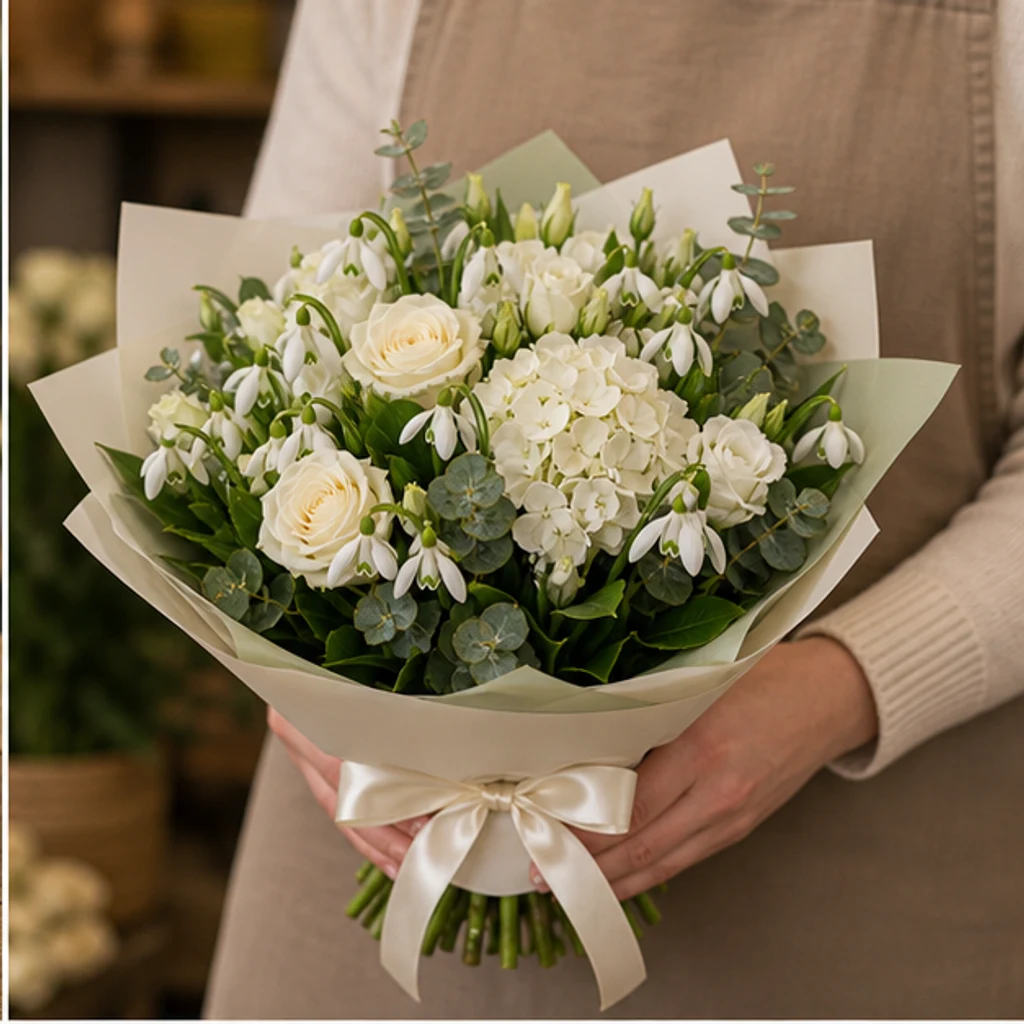 Buchet de ghiocei grandios cu hortensie si trandafiri albi - poza 2