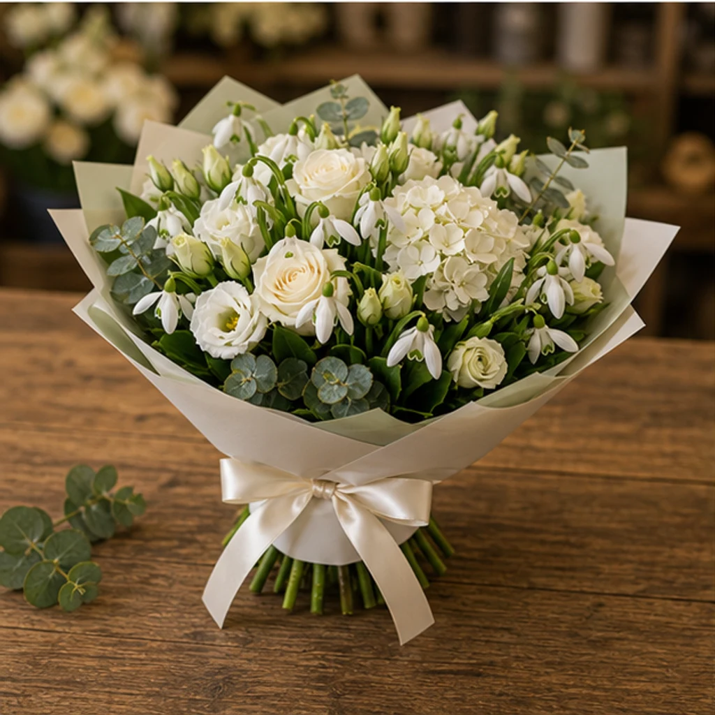 Buchet de ghiocei grandios cu hortensie si trandafiri albi - poza 3