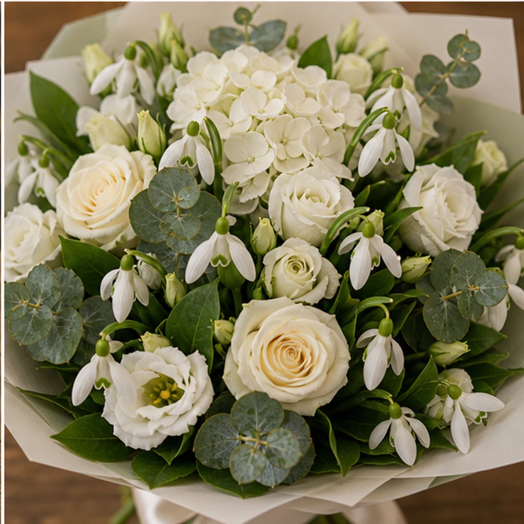 Buchet de ghiocei grandios cu hortensie si trandafiri albi - poza 4