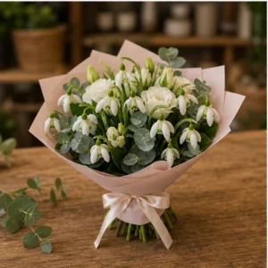 Buchet de ghiocei pastel cu lisianthus alb - poza 3