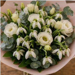 Buchet de ghiocei pastel cu lisianthus alb - poza 4