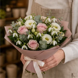 Buchet de ghiocei roz pal cu trandafiri si lisianthus - poza 2