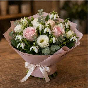 Buchet de ghiocei roz pal cu trandafiri si lisianthus - poza 3