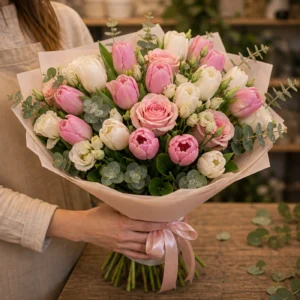 Buchet de lalele albe roz si trandafiri - poza 2
