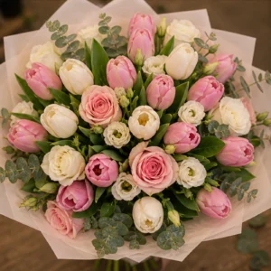 Buchet de lalele albe roz si trandafiri - poza 4
