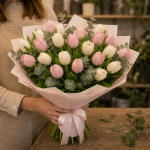 Buchet de lalele albe si roz pal - poza 2