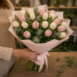 Buchet de lalele albe si roz pal - poza 3