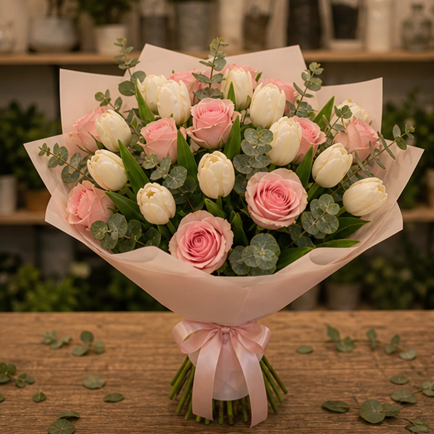 Buchet de lalele albe si trandafiri roz - poza 1