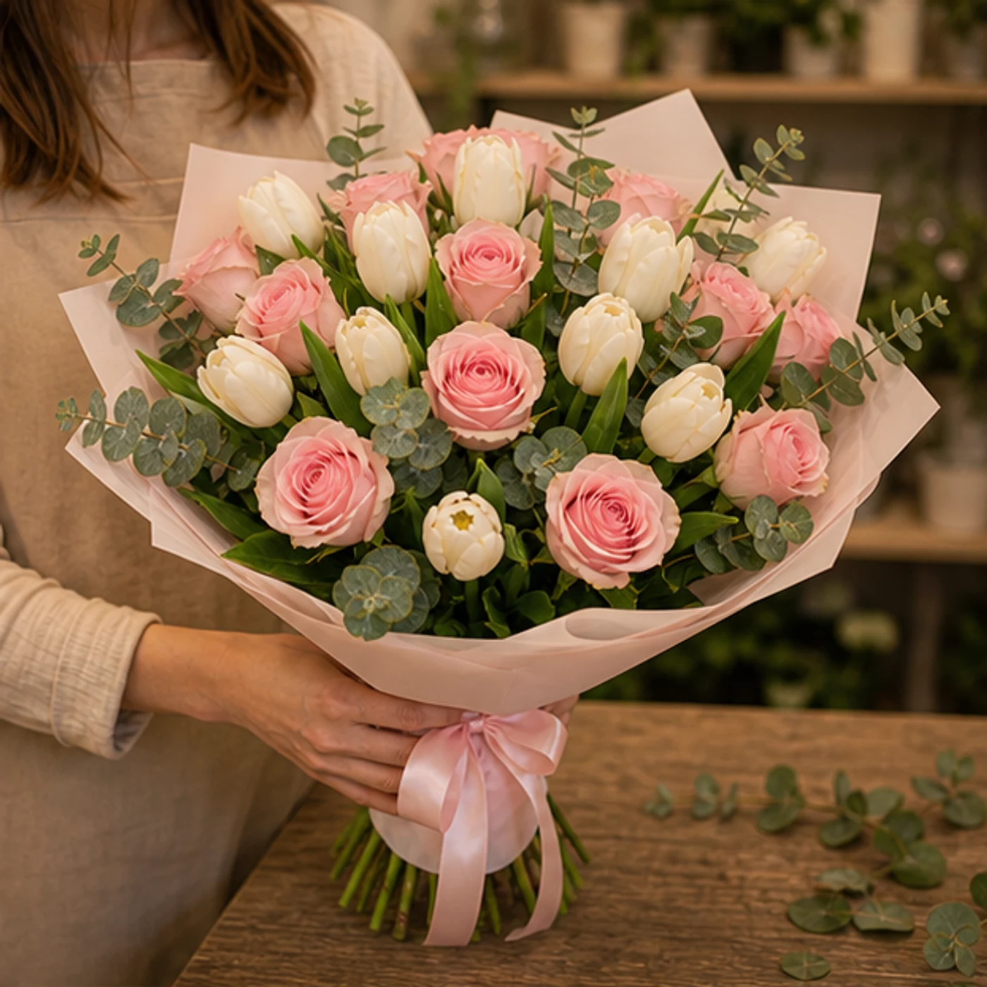 Buchet de lalele albe si trandafiri roz - poza 2