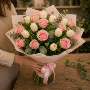 Buchet de lalele albe si trandafiri roz - poza 3