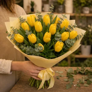 Buchet de lalele galbene si eucalipt - poza 2