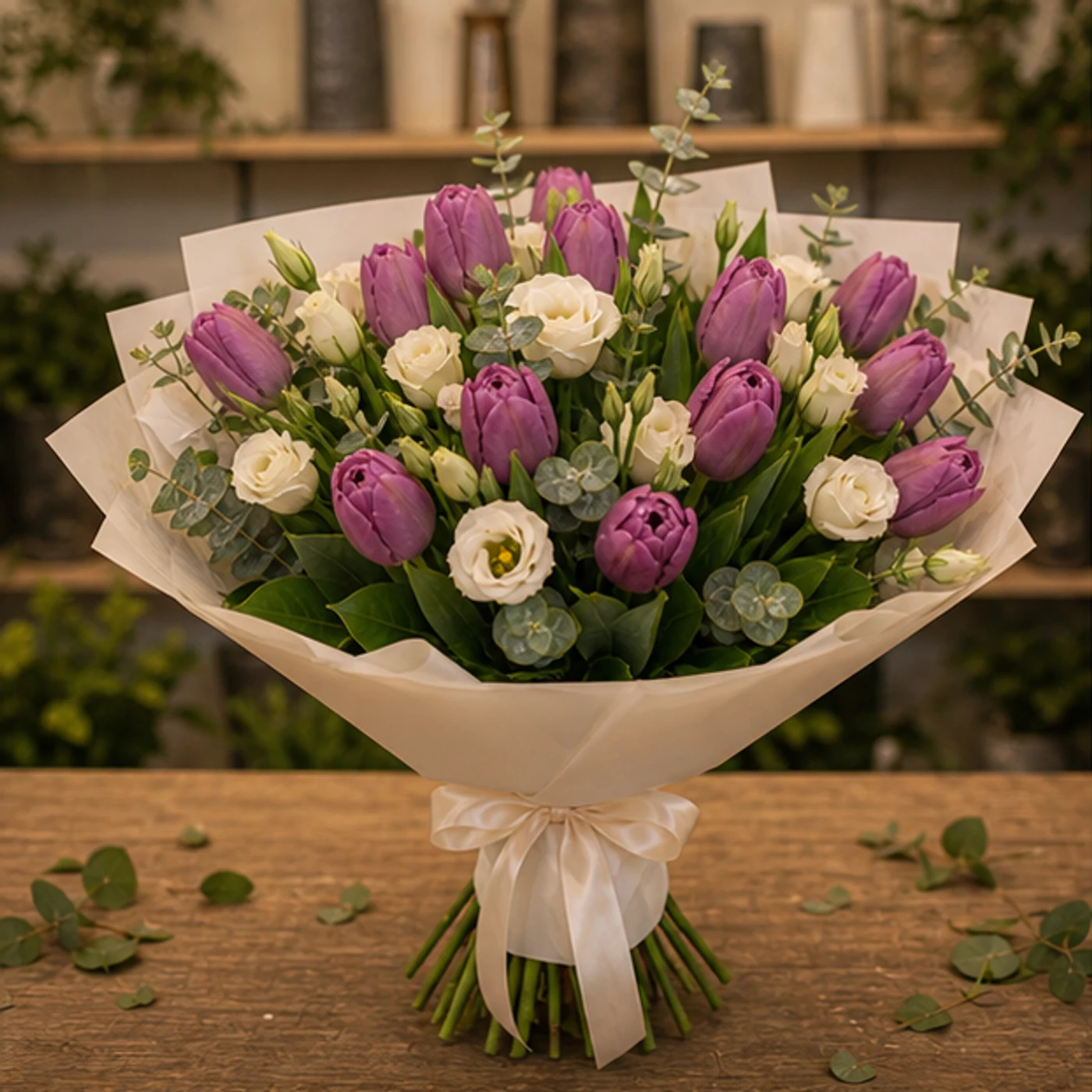 Buchet de lalele mov si lisianthus crem - poza 1