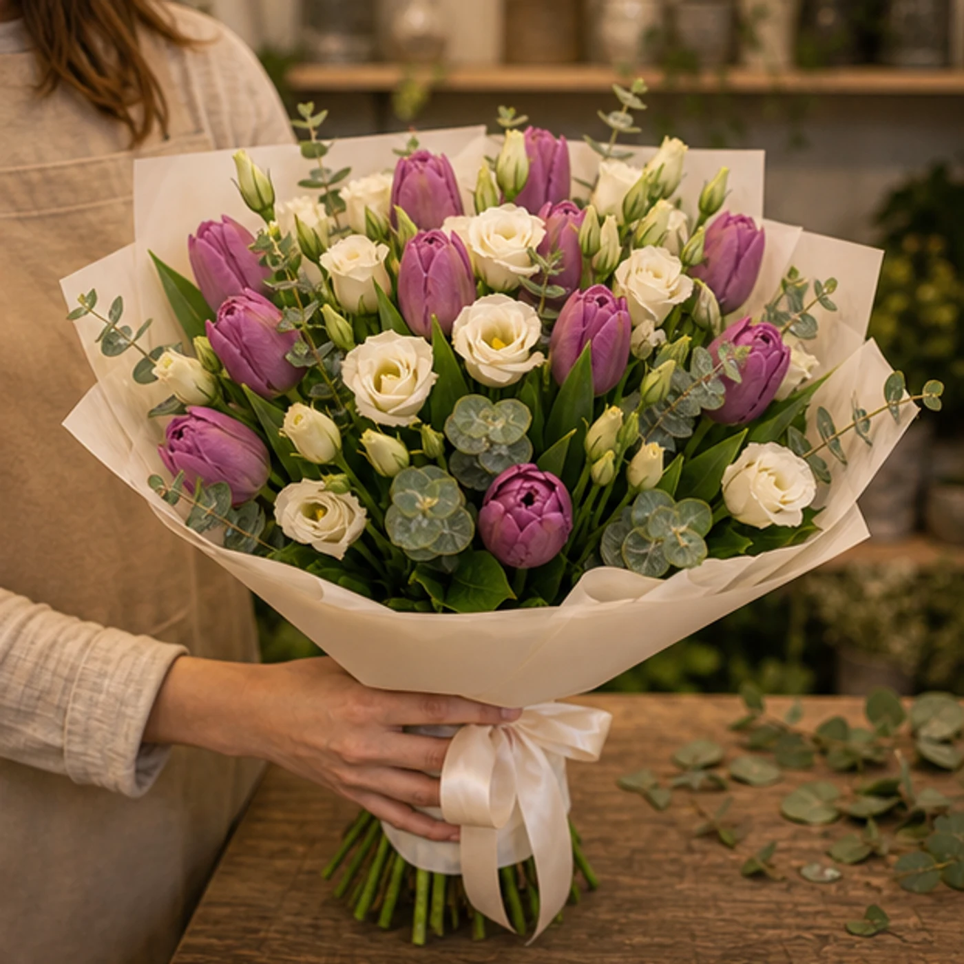 Buchet de lalele mov si lisianthus crem - poza 2