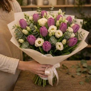 Buchet de lalele mov si lisianthus crem - poza 3