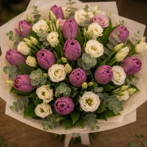 Buchet de lalele mov si lisianthus crem - poza 4