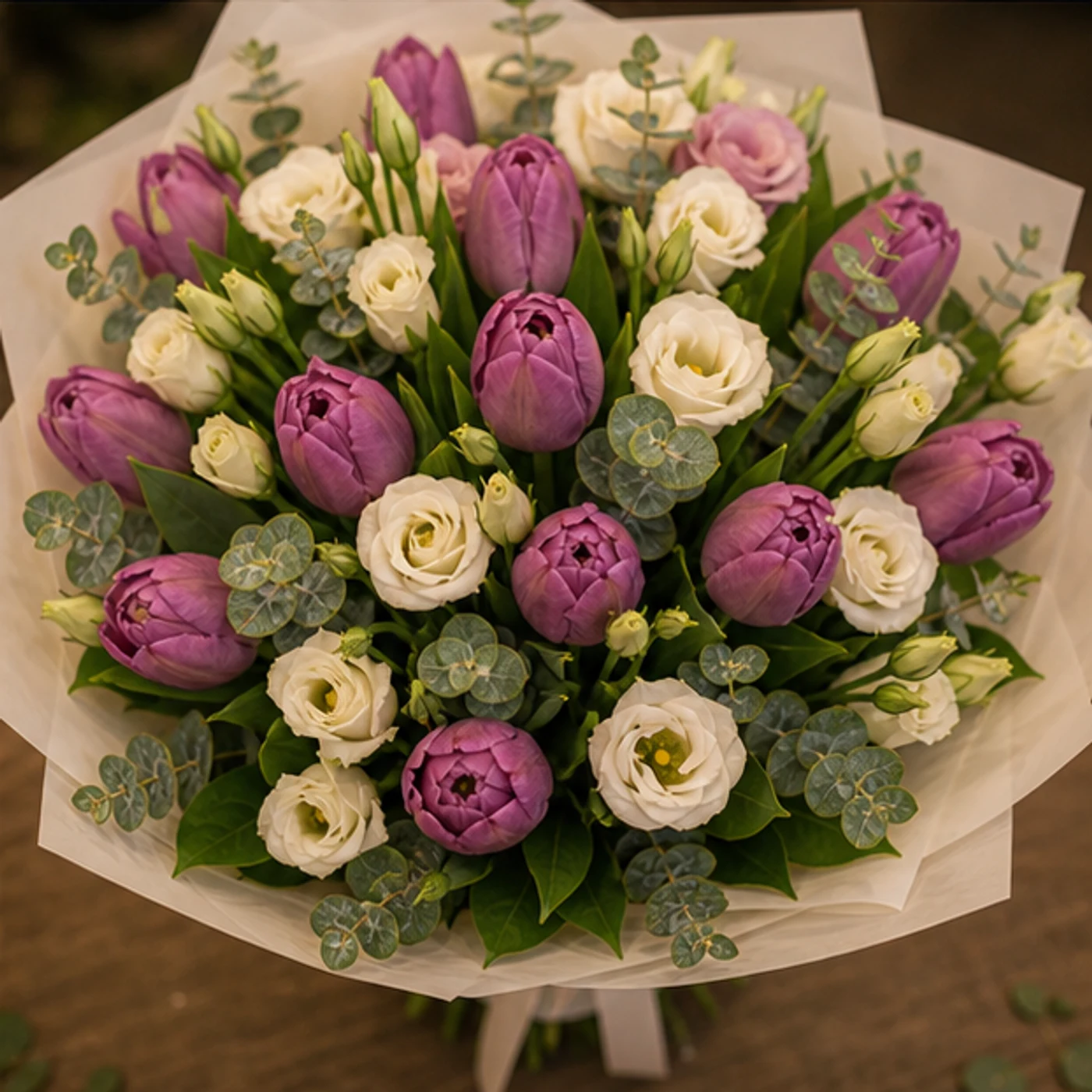 Buchet de lalele mov si lisianthus crem - poza 4