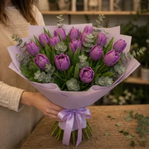 Buchet de lalele mov si verdeata - poza 2