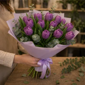Buchet de lalele mov si verdeata - poza 3