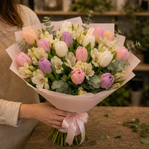Buchet de lalele pastel si alstroemeria - poza 2