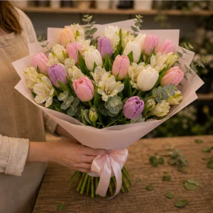 Buchet de lalele pastel si alstroemeria - poza 3