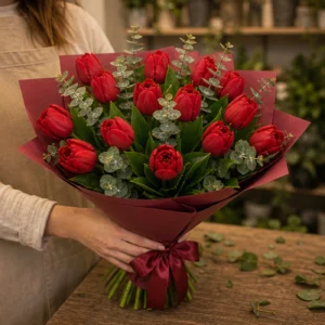 Buchet de lalele rosii si eucalipt - poza 2