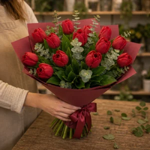 Buchet de lalele rosii si eucalipt - poza 3