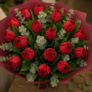 Buchet de lalele rosii si eucalipt - poza 4