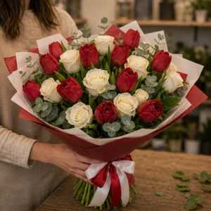 Buchet de lalele rosii si trandafiri albi - poza 2