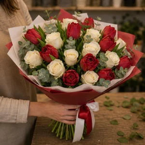 Buchet de lalele rosii si trandafiri albi - poza 3