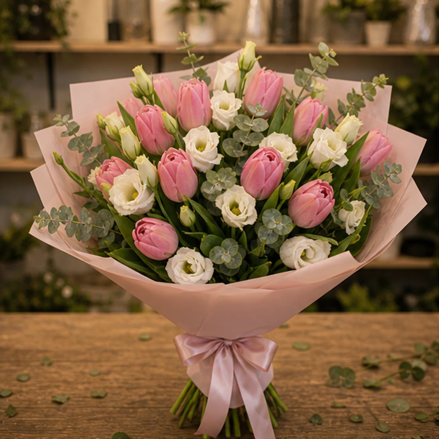 Buchet de lalele roz si lisianthus alb - poza 1