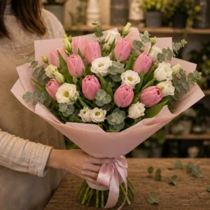 Buchet de lalele roz si lisianthus alb - poza 2