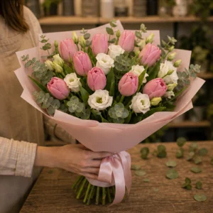 Buchet de lalele roz si lisianthus alb - poza 3