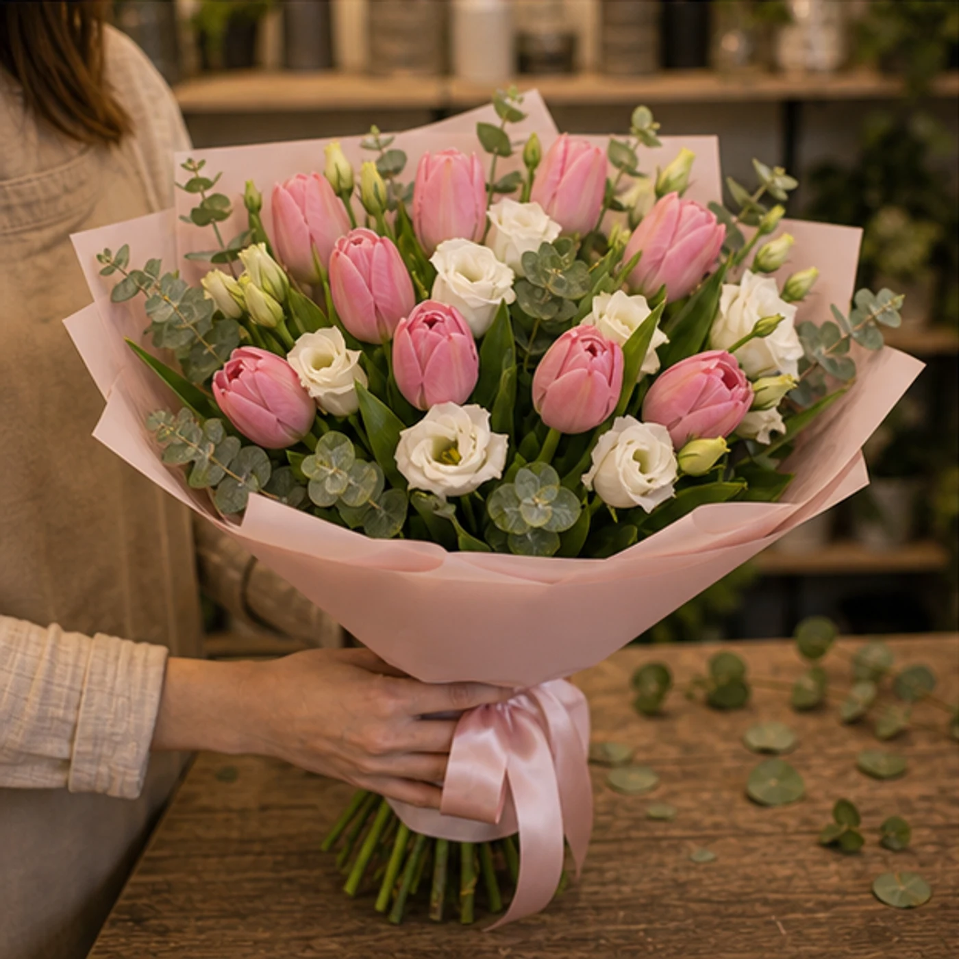 Buchet de lalele roz si lisianthus alb - poza 3