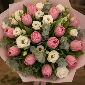 Buchet de lalele roz si lisianthus alb - poza 4