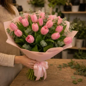 Buchet de lalele roz si salal - poza 2