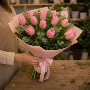 Buchet de lalele roz si salal - poza 3