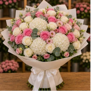 Buchet floral cu trandafiri albi roz si hortensii statement - poza 1