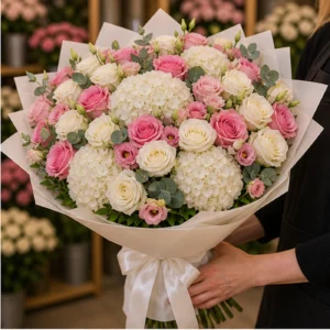 Buchet floral cu trandafiri albi roz si hortensii statement - poza 2