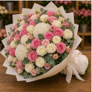 Buchet floral cu trandafiri albi roz si hortensii statement - poza 3