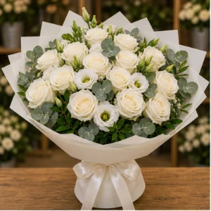 Buchet floral cu trandafiri albi si eucalipt premium - poza 1