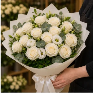 Buchet floral cu trandafiri albi si eucalipt premium - poza 2