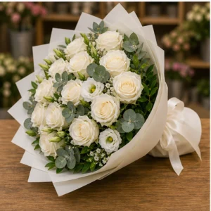 Buchet floral cu trandafiri albi si eucalipt premium - poza 3