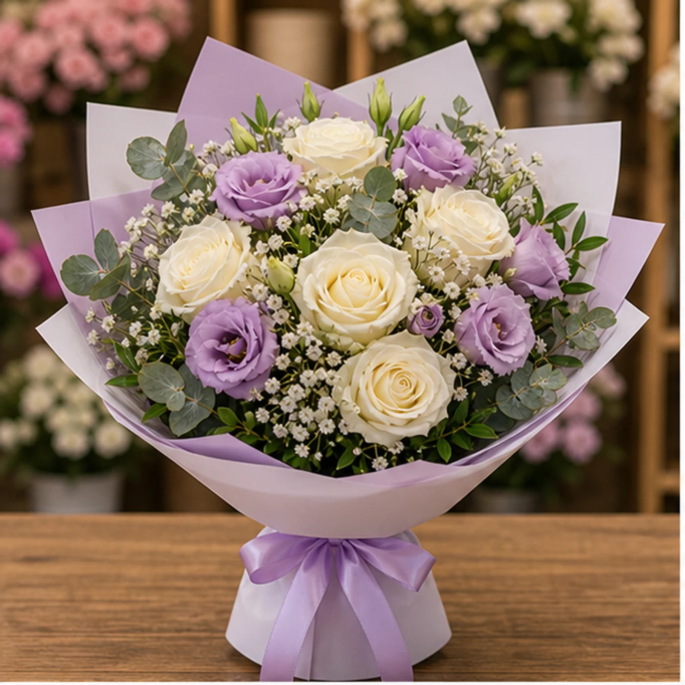 Buchet floral cu trandafiri albi si lisianthus mov pal - poza 1