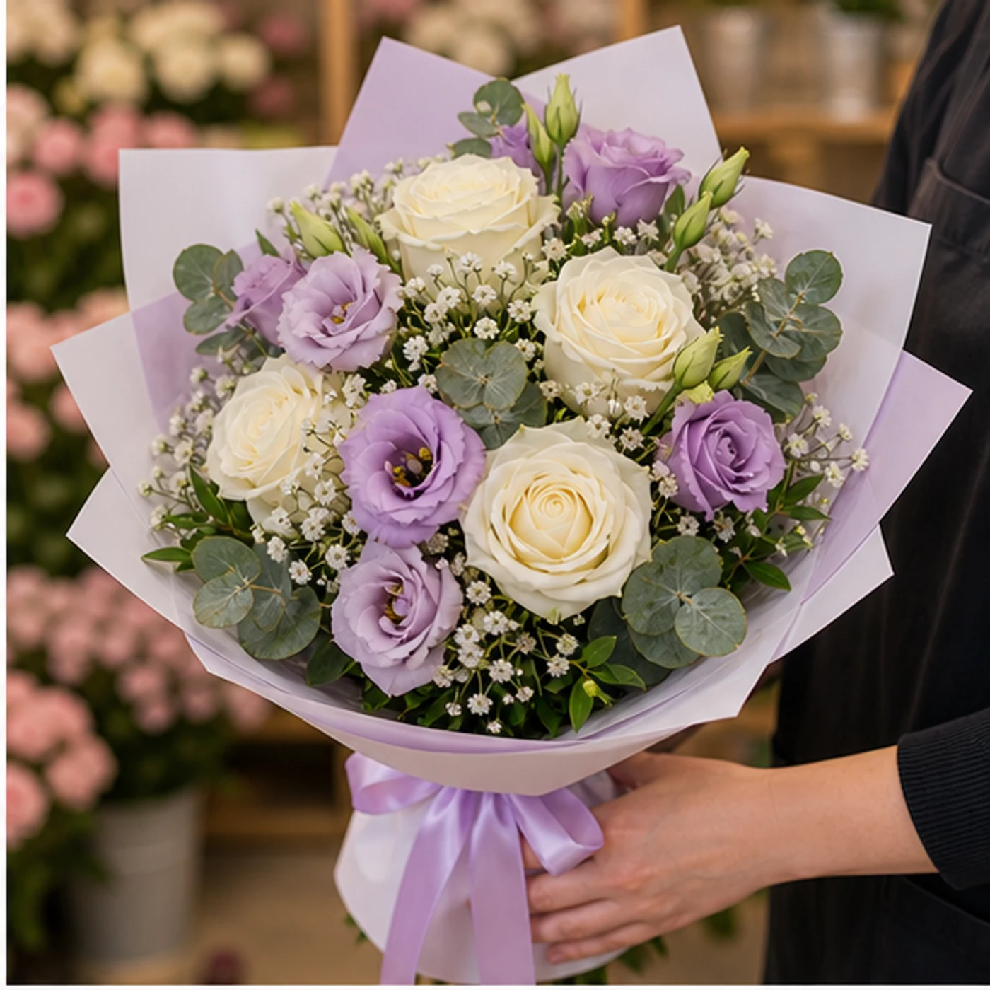 Buchet floral cu trandafiri albi si lisianthus mov pal - poza 2