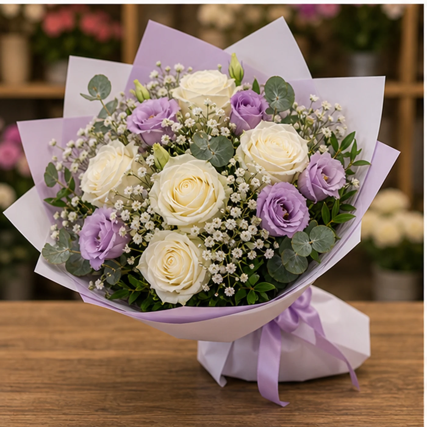 Buchet floral cu trandafiri albi si lisianthus mov pal - poza 3