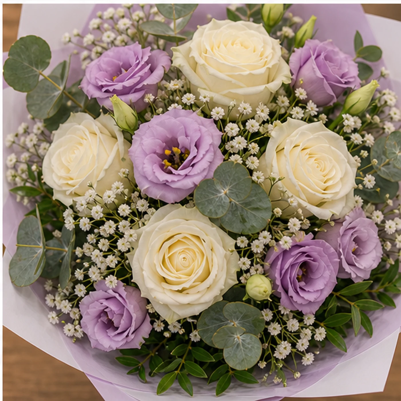 Buchet floral cu trandafiri albi si lisianthus mov pal - poza 4
