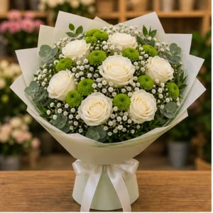 Buchet floral cu trandafiri albi si santini verde crud - poza 1