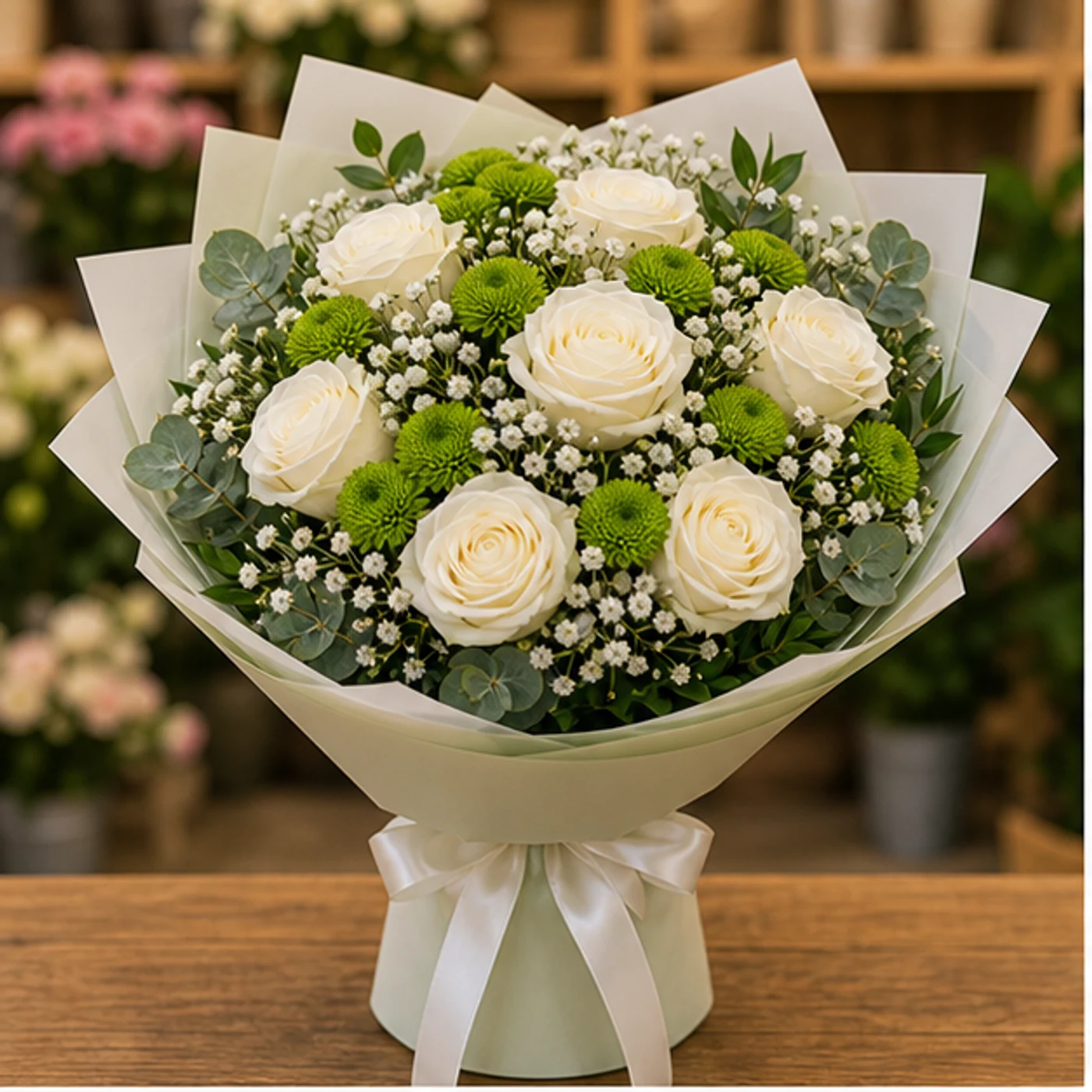 Buchet floral cu trandafiri albi si santini verde crud - poza 1