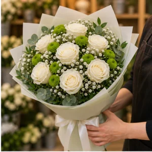 Buchet floral cu trandafiri albi si santini verde crud - poza 2