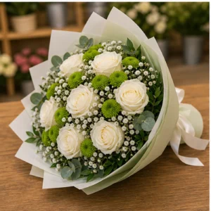 Buchet floral cu trandafiri albi si santini verde crud - poza 3
